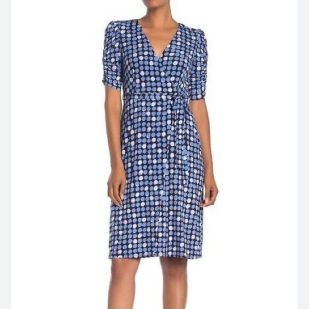 NWT Eliza J Blue Geometric Circle V-Neck Half Sleeve Faux Wrap Dress Size 10P